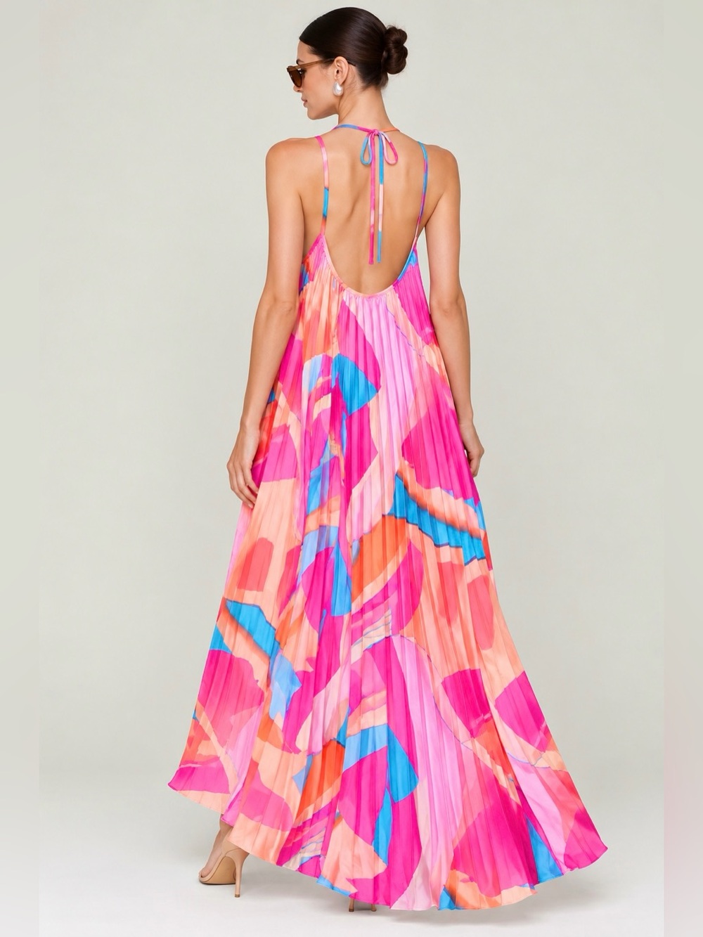 Avec Les Filles Ibiza Abstract Pleated Halter Maxi Dress Size 14 NWT